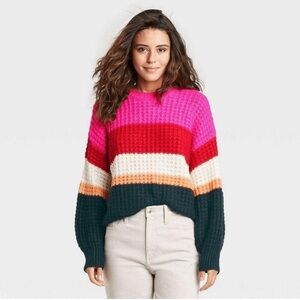 Universal Thread Color Block Striped Crocheted Chunky Knit Sweater XL